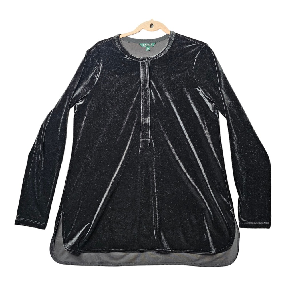 Lauren Ralph Lauren Tunic Top Womens Large Black Velvet‎ High-Low Long Sleeve